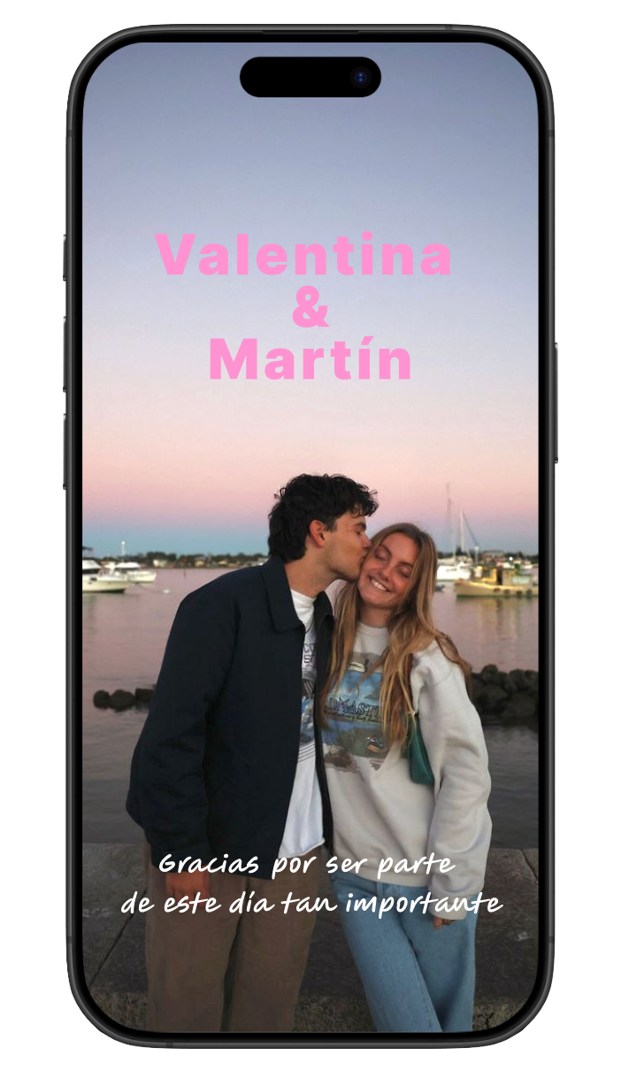 Mockup: pantalla splash con nombres de los novios y mensaje de agradecimiento
